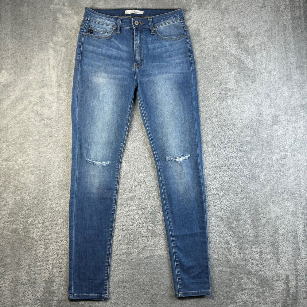 Kancan Jeans Women's 7/27 Blue Stretch Distressed Denim Whiskered Cotton Casual